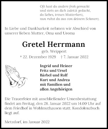 Traueranzeige von Gretel Herrmann von GESAMT