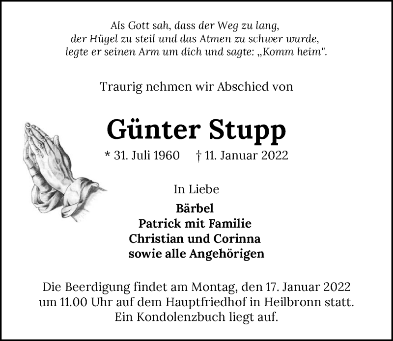  Traueranzeige für Günter Stupp vom 13.01.2022 aus GESAMT
