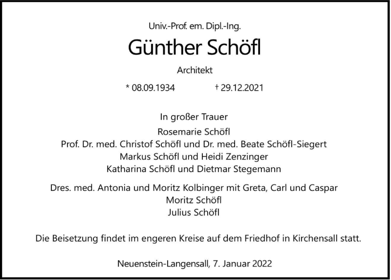  Traueranzeige für Günther Schöfl vom 07.01.2022 aus GESAMT