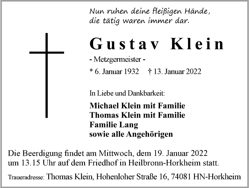  Traueranzeige für Gustav Klein vom 15.01.2022 aus GESAMT
