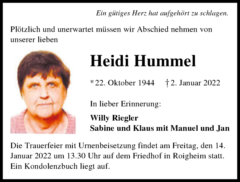  Traueranzeige für Heidi Hummel vom 10.01.2022 aus GESAMT