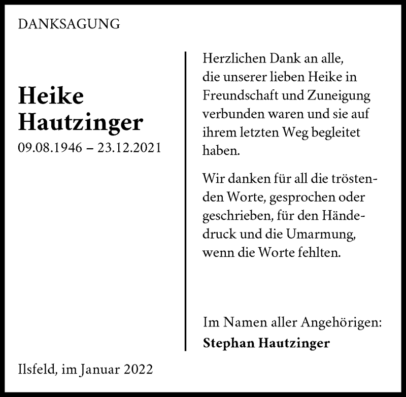  Traueranzeige für Heike Hautzinger vom 22.01.2022 aus GESAMT