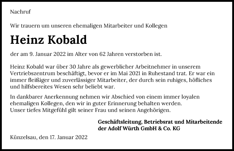  Traueranzeige für Heinz Kobald vom 17.01.2022 aus GESAMT