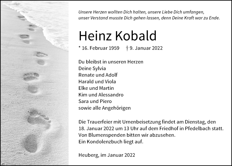  Traueranzeige für Heinz Kobald vom 13.01.2022 aus GESAMT