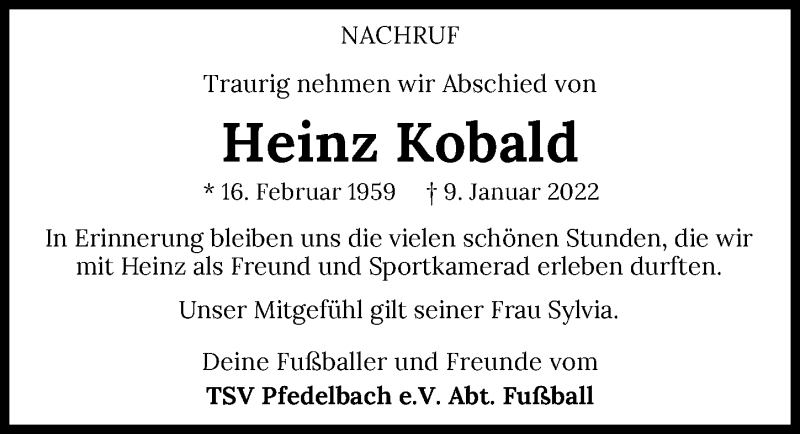  Traueranzeige für Heinz Kobald vom 15.01.2022 aus GESAMT