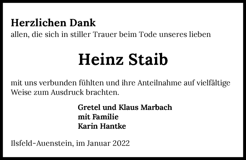  Traueranzeige für Heinz Staib vom 04.01.2022 aus GESAMT
