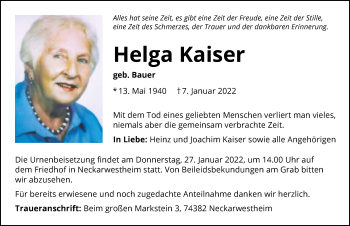 Traueranzeige von Helga Kaiser von GESAMT