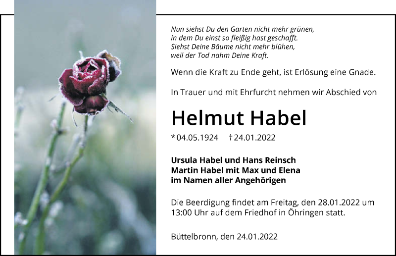  Traueranzeige für Helmut Habel vom 26.01.2022 aus GESAMT