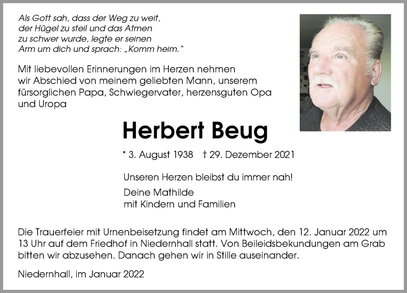  Traueranzeige für Herbert Beug vom 08.01.2022 aus GESAMT