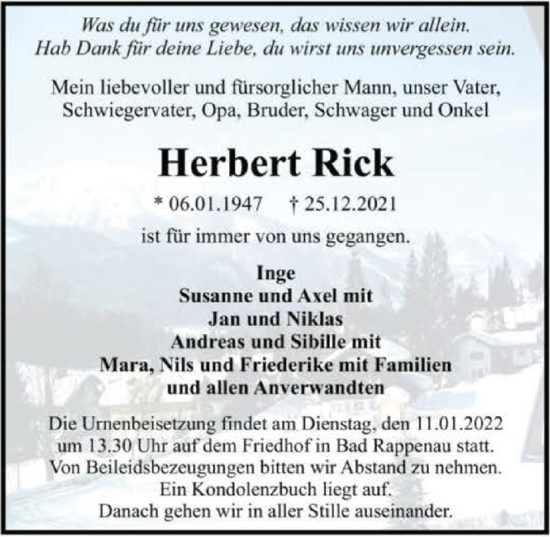  Traueranzeige für Herbert Rick vom 08.01.2022 aus GESAMT
