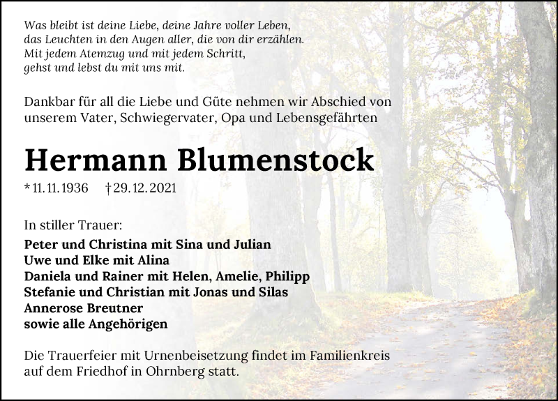  Traueranzeige für Hermann Blumenstock vom 05.01.2022 aus GESAMT