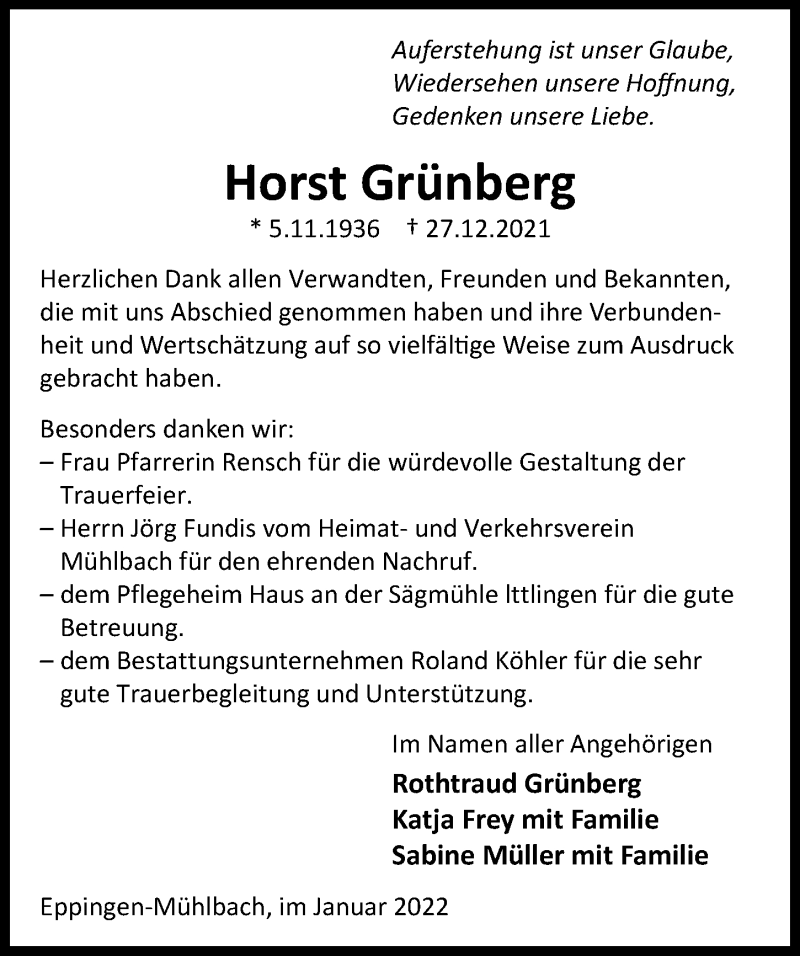  Traueranzeige für Horst Grünberg vom 27.01.2022 aus GESAMT