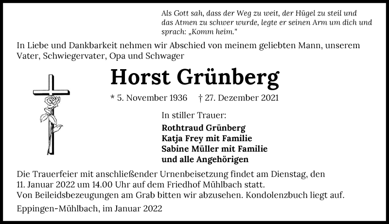 Traueranzeige für Horst Grünberg vom 08.01.2022 aus GESAMT