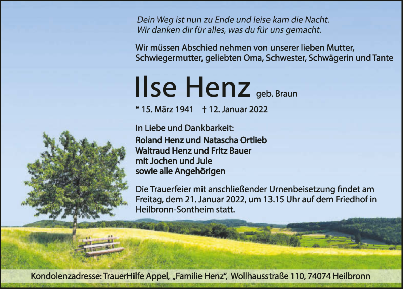  Traueranzeige für Ilse Henz vom 15.01.2022 aus GESAMT