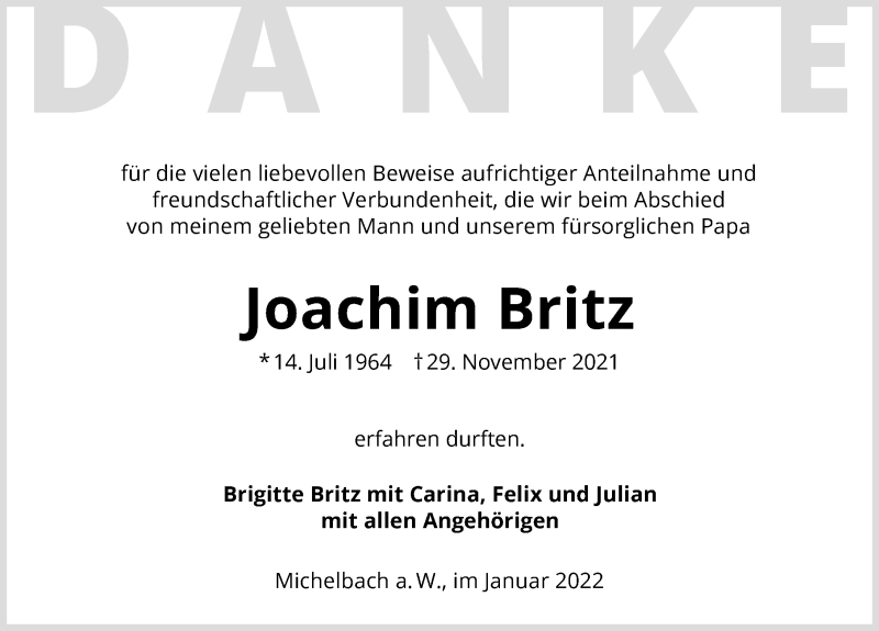  Traueranzeige für Joachim Britz vom 15.01.2022 aus GESAMT