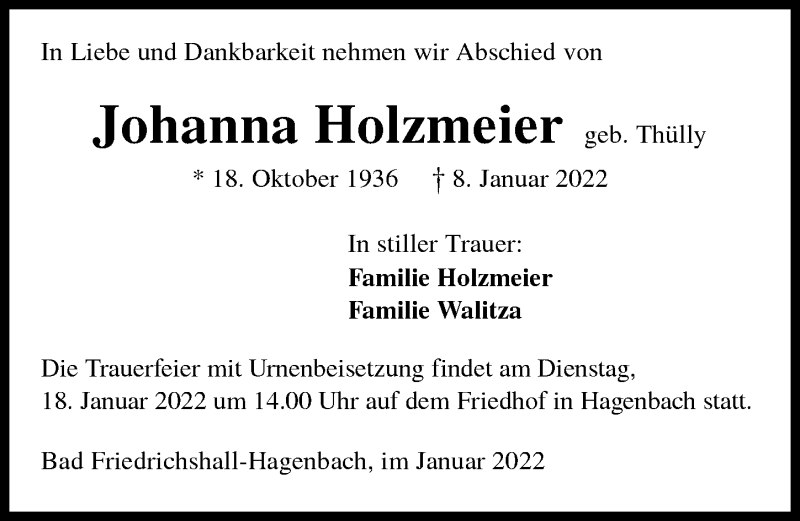  Traueranzeige für Johanna Holzmeier vom 12.01.2022 aus GESAMT