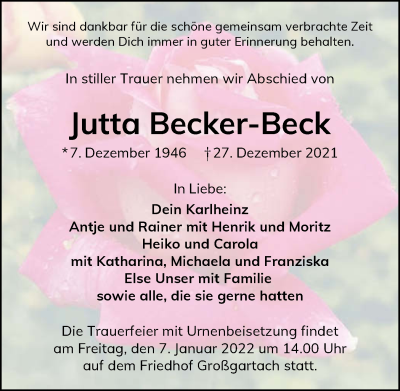  Traueranzeige für Jutta Becker-Beck vom 05.01.2022 aus GESAMT