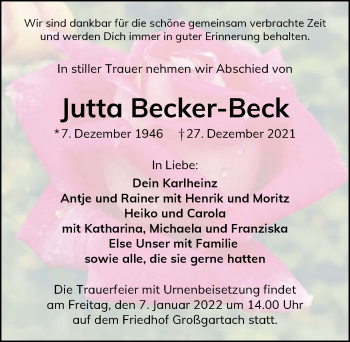 Traueranzeige von Jutta Becker-Beck von GESAMT