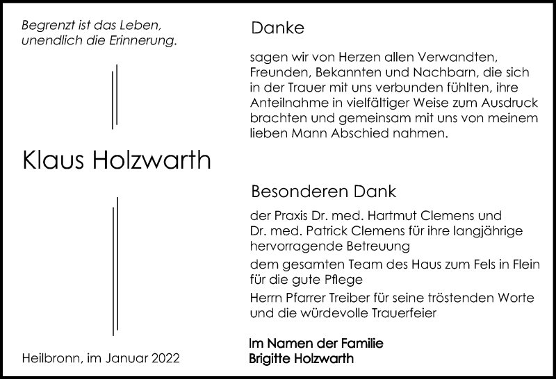  Traueranzeige für Klaus Holzwarth vom 08.01.2022 aus GESAMT