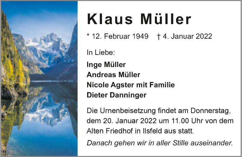  Traueranzeige für Klaus Müller vom 15.01.2022 aus GESAMT