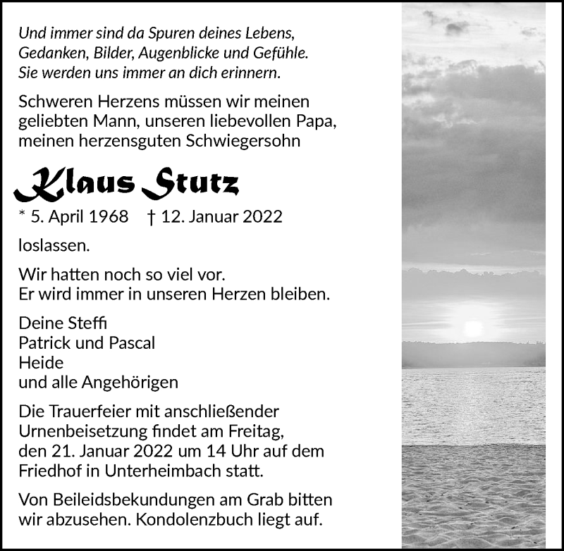  Traueranzeige für Klaus Stutz vom 18.01.2022 aus GESAMT