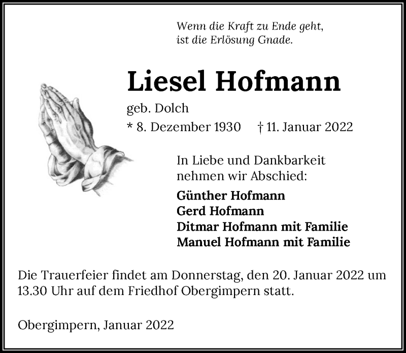  Traueranzeige für Liesel Hofmann vom 15.01.2022 aus GESAMT