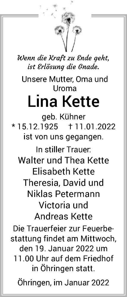  Traueranzeige für Lina Kette vom 14.01.2022 aus GESAMT