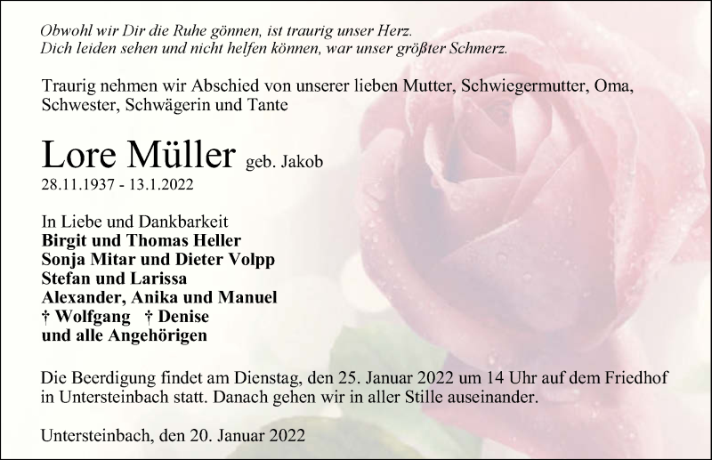  Traueranzeige für Lore Müller vom 20.01.2022 aus GESAMT