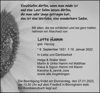 Traueranzeige von Lotte Hamm von GESAMT