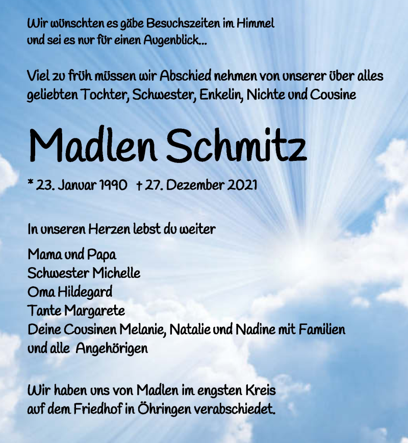  Traueranzeige für Madlen Schmitz vom 05.01.2022 aus GESAMT