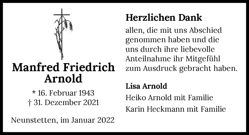  Traueranzeige für Manfred  Arnold vom 19.01.2022 aus GESAMT