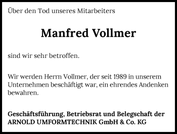 Traueranzeige von Manfred Vollmer von GESAMT