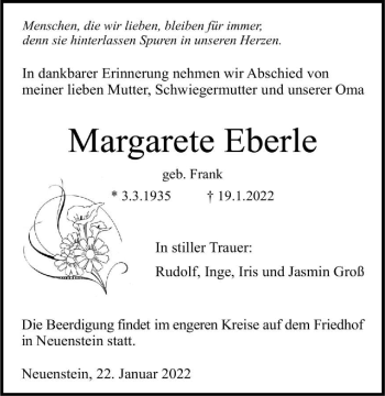 Traueranzeige von Margarete Eberle von GESAMT