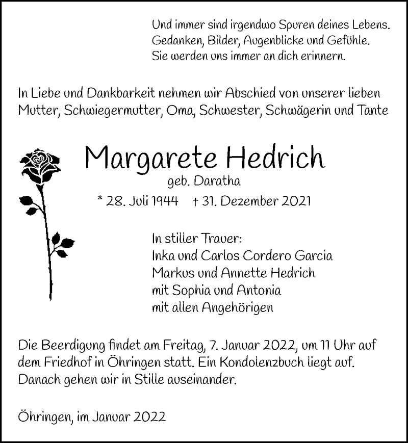  Traueranzeige für Margarete Hedrich vom 04.01.2022 aus GESAMT