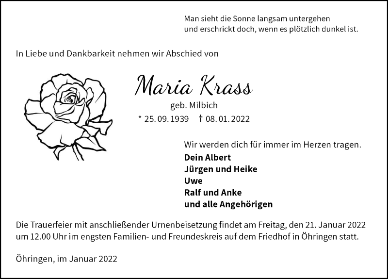  Traueranzeige für Maria Krass vom 15.01.2022 aus GESAMT