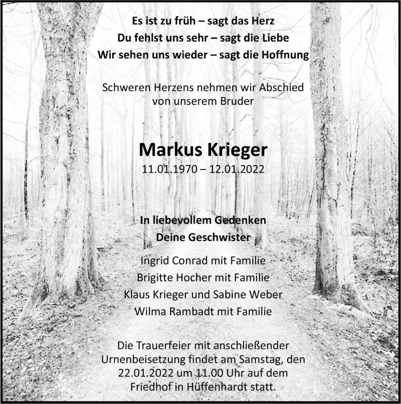  Traueranzeige für Markus Krieger vom 15.01.2022 aus GESAMT