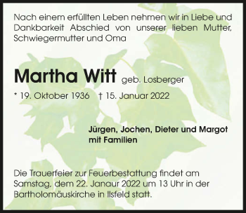 Traueranzeige von Martha Witt von GESAMT