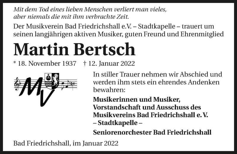  Traueranzeige für Martin Bertsch vom 15.01.2022 aus GESAMT