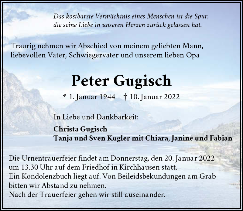 Traueranzeige für Peter Gugisch vom 15.01.2022 aus GESAMT
