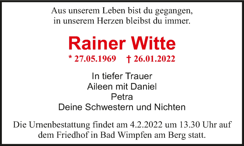  Traueranzeige für Rainer Witte vom 29.01.2022 aus GESAMT