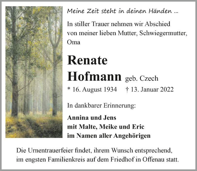  Traueranzeige für Renate Hofmann vom 15.01.2022 aus GESAMT
