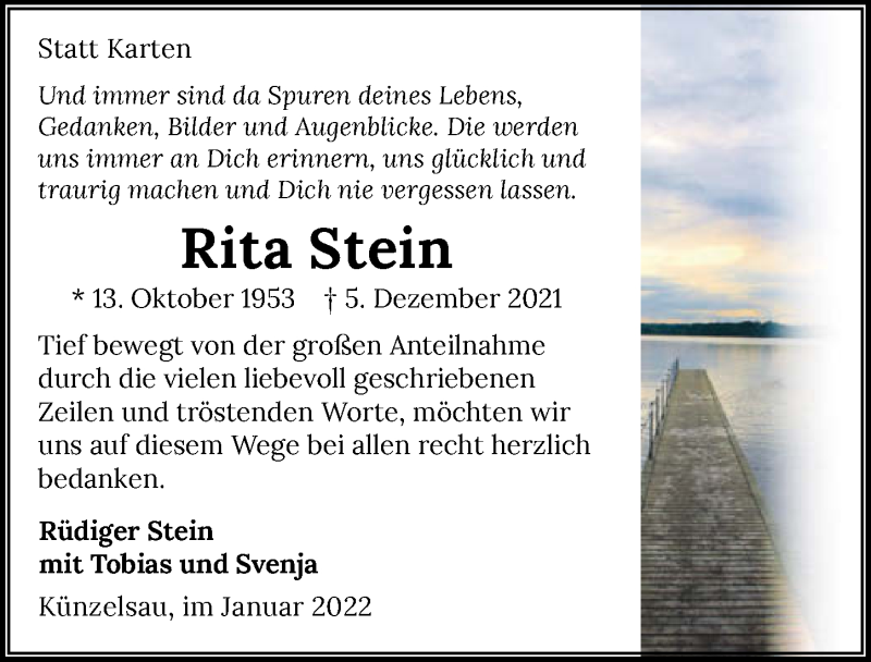  Traueranzeige für Rita Stein vom 05.01.2022 aus GESAMT