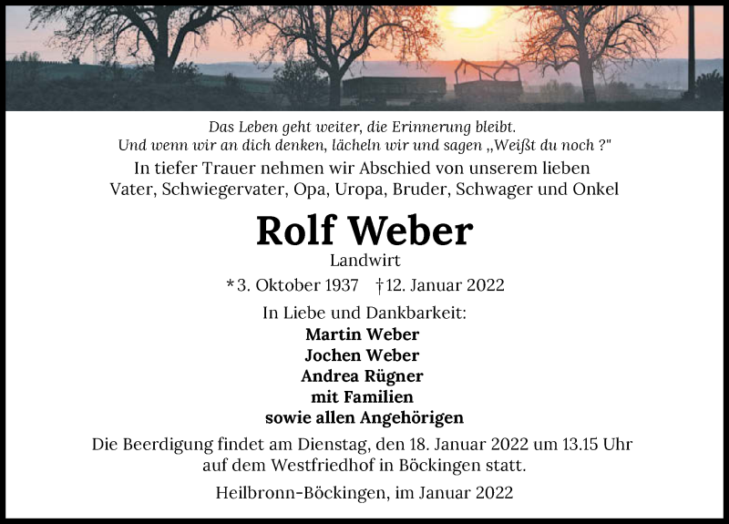  Traueranzeige für Rolf Weber vom 15.01.2022 aus GESAMT