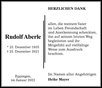Traueranzeige von Rudolf Aberle von GESAMT