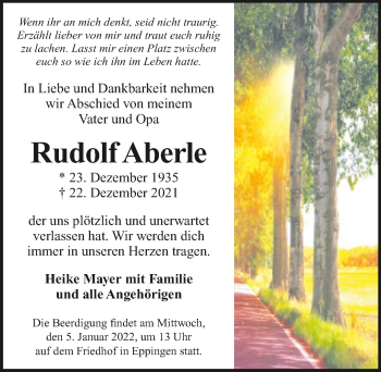 Traueranzeige von Rudolf Aberle von GESAMT
