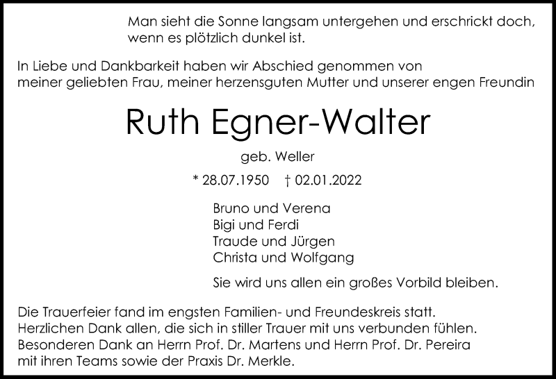  Traueranzeige für Ruth Egner-Walter vom 19.01.2022 aus GESAMT