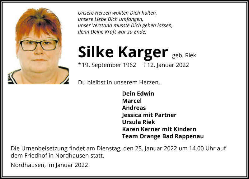  Traueranzeige für Silke Karger vom 22.01.2022 aus GESAMT