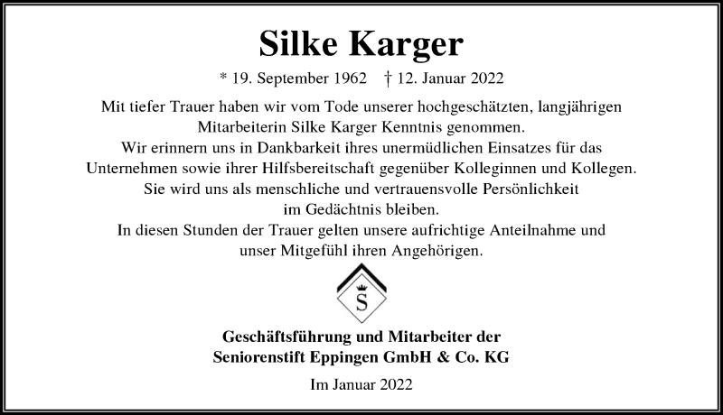  Traueranzeige für Silke Karger vom 22.01.2022 aus GESAMT