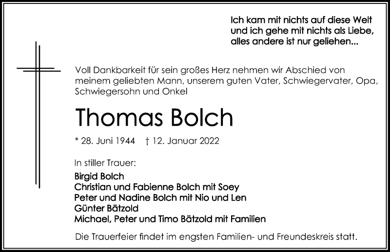  Traueranzeige für Thomas Bolch vom 15.01.2022 aus GESAMT