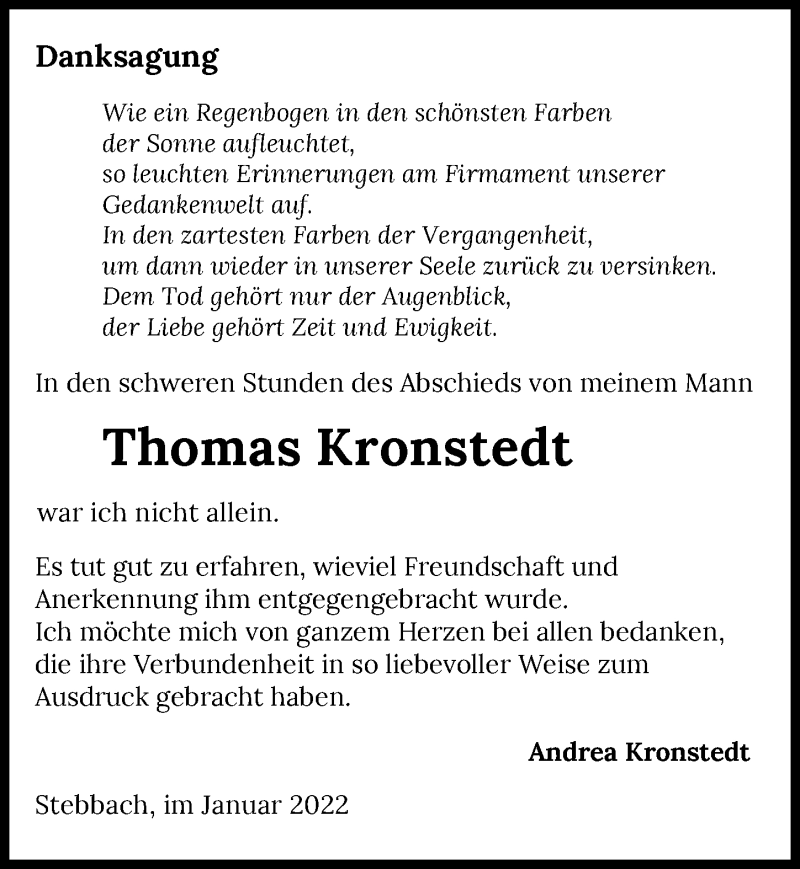  Traueranzeige für Thomas Kronstedt vom 15.01.2022 aus GESAMT